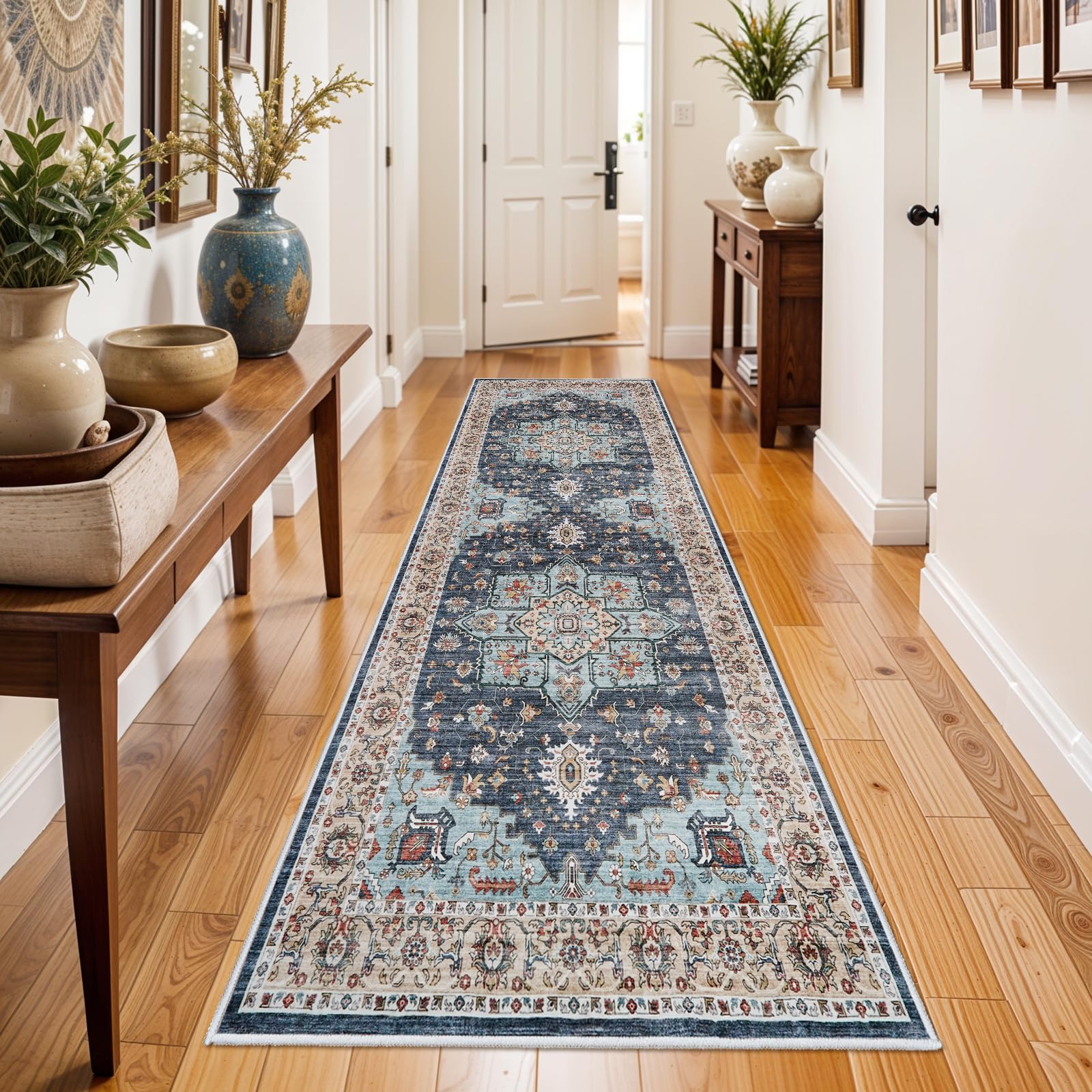 Washable Oriental Hallway Runner Rug - 3x8 Rugs for Living Room Soft Carpet for Bedroom Kitchen Waterproof Floral Distressed Indoor Stain Resistant Non-Shedding Floor Carpets (Blue/Teal/Orange, 3X8) Image