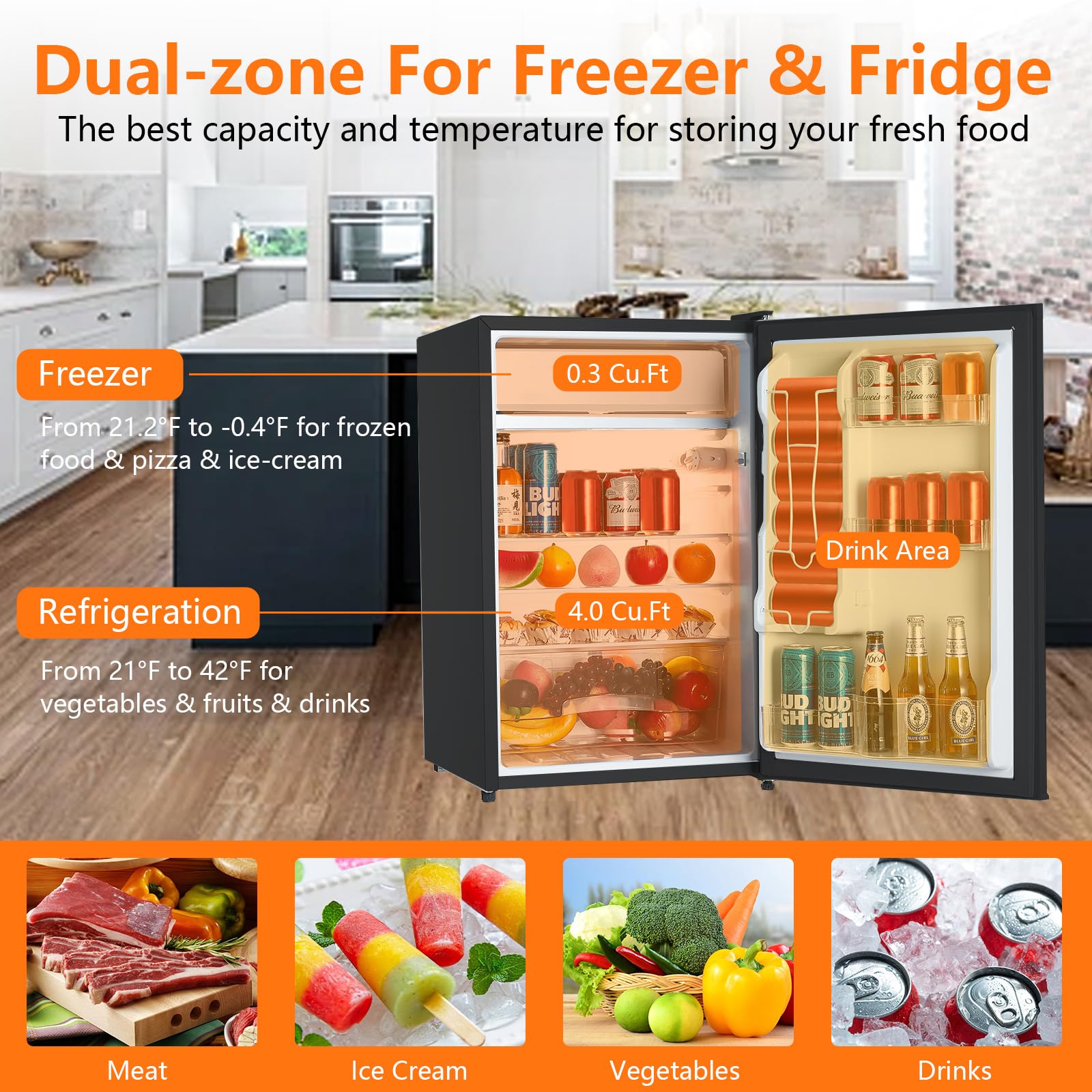 Takywep Mini Fridge With Freezer, 4.3 Cu.Ft Single Door Refrigerator - Adjustable Thermostat, Reversible Doors, Ideal for Dorm, Office, Rv, Garage, Apartment, Black