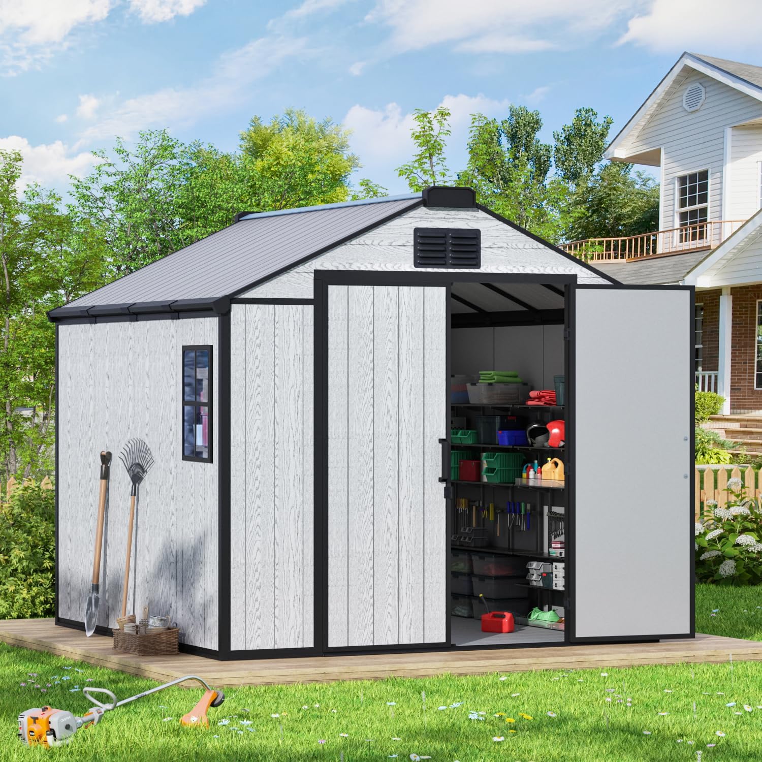 MELLCOM 8 x 8 FT Resin Outdoor Storage Shed with Floor, Outdoor Storage Tool Shed with Windows and Lockable Door, Resin Garden Shed for Lawnmower, Bike, Pool Supply