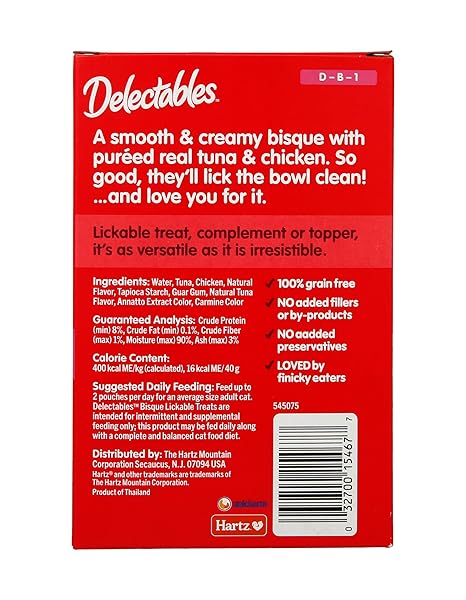 DELECTABLES LICKABLE TREAT BISQUE NON-SEAFOOD WET CAT TREAT WITH REAL TUNA & CHICKEN, FOOD TOPPER, HYDRATING, GRAIN-FREE, NO FILLERS, BY-PRODUCTS, ADDED PRESERVATIVES, 1.4OZ POUCH, 30CT