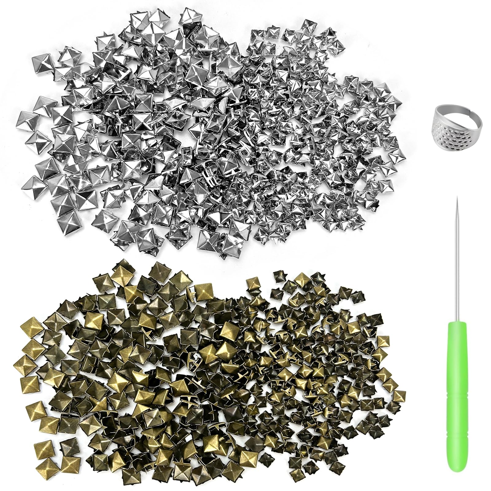 CiShow 800pcs Square Pyramid Stud Metal Claw Nail Head Rivet Studs Spike Screw Craft Punk Gun Metal, 7/10mm, with Drilling Tape for Clothes Shoes DIY Projects (Bronze+Silver)