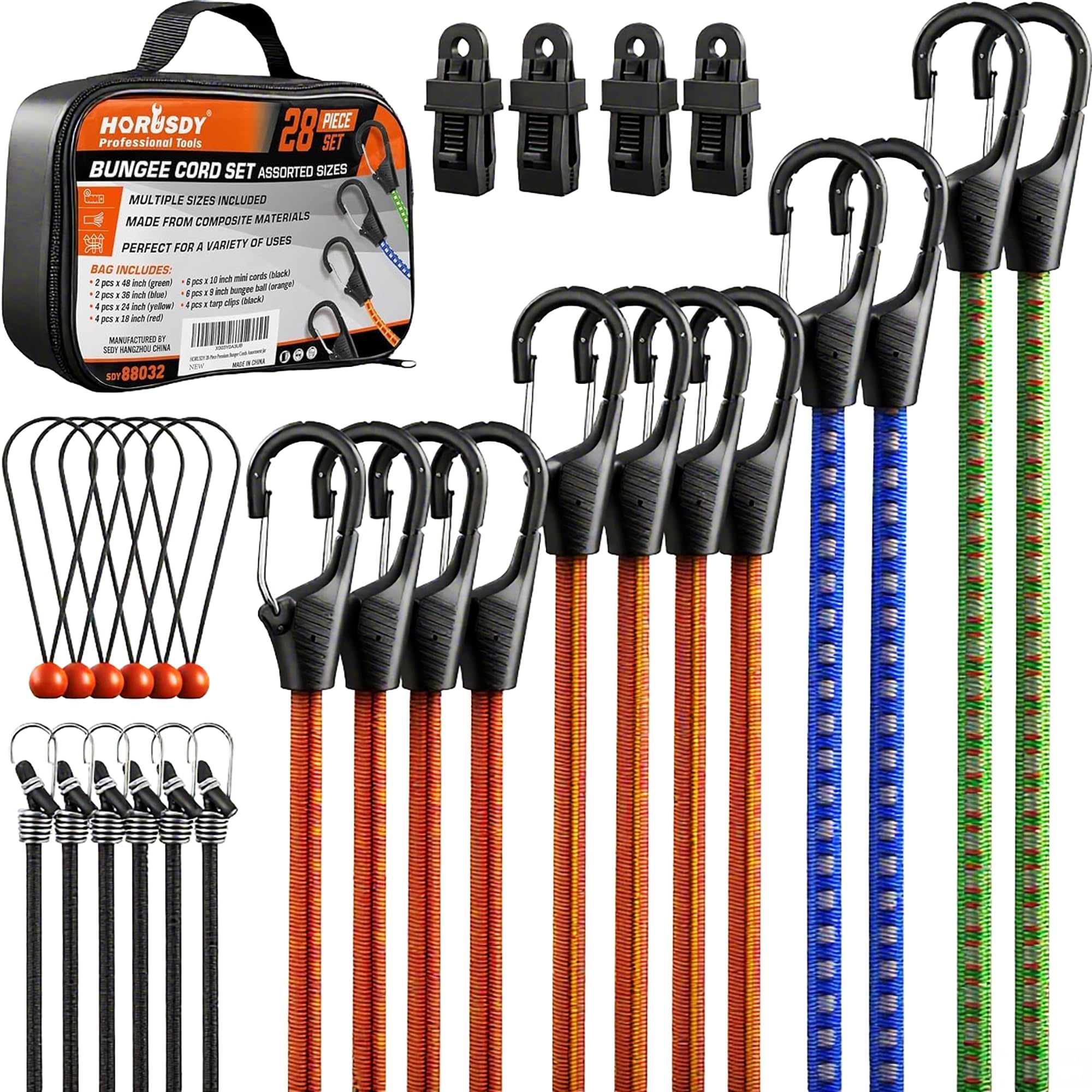 HORUSDY 28-Piece Premium Bungee Cords with Hooks, Includes 10”, 18”, 24”, 36”, 48”, Bungee Cord Assortment (10 to 48 Inch)，Canopy/Tarp Ball Ties and Crocodile Mouth Tarp Clips