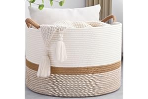 Degeyoyo 67L Large Blanket Basket, 20"x13" Woven Storage Baskets With Handle, Cotton Rope Blanket Basket Living Room, Baby Laundry hamper for Blanket, Nursery, Toy, Pillow (White & Brown)