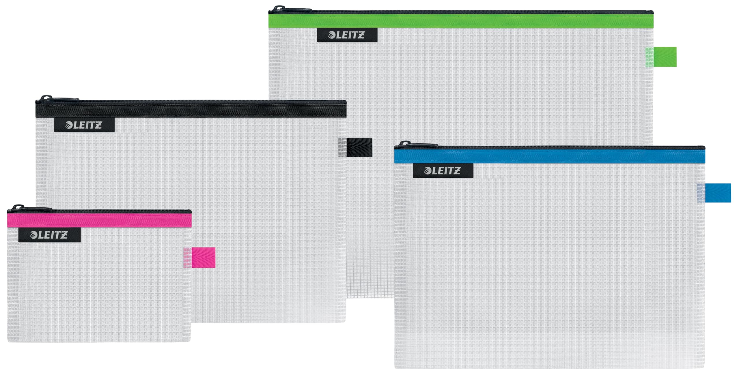 Leitz Set of 4 Leitz Wow Travel Pouches, Water Resistant, Translucent, Ideal for Visible Storage and Organisation, Sizes: Small (A6), Medium (A5), Large (A4) and Cosmetic - Assorted Colours 40160099