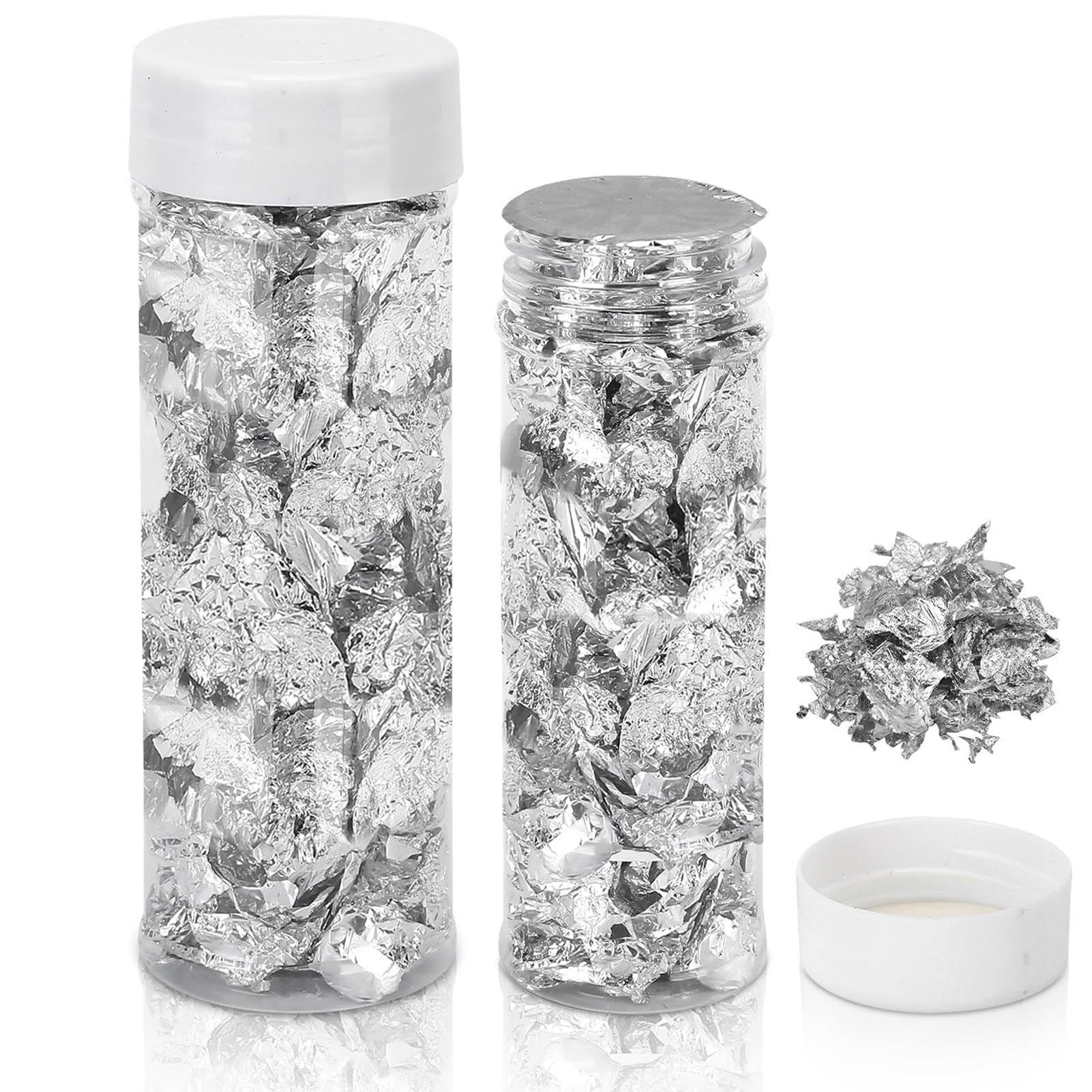 Gold Leaf Flakes, 2 Bottles Sliver Foil Flakes Imitation Foil Flakes Imitation Metallic Leaf Silver Gold Foil Paper for Nails, Painting, Crafts, Slime and Resin Jewelry Making