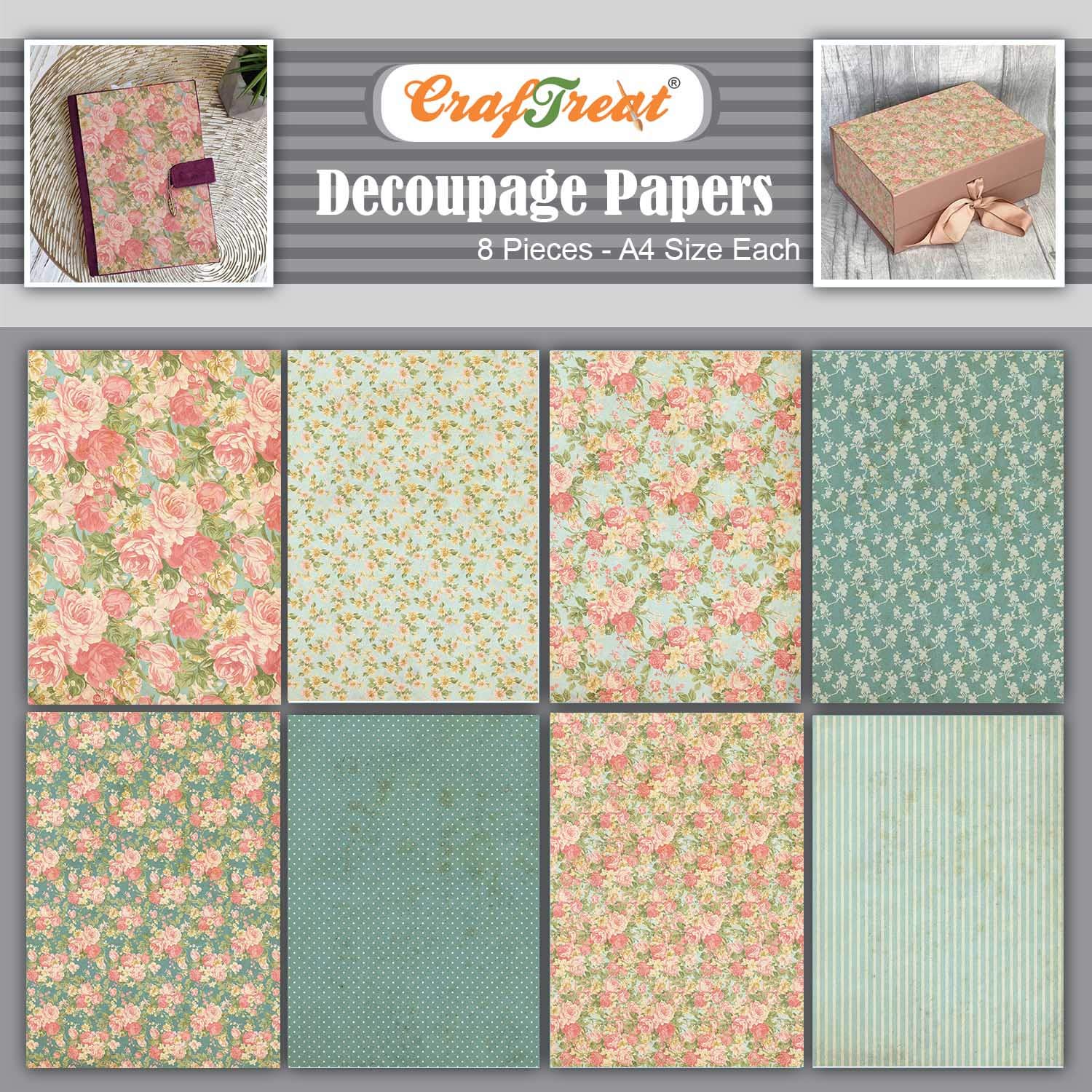 CrafTreat Reusable Floral Decoupage Paper for Crafts - Mini Flowers - Size: A4 (8.3 x 11.7 Inch) 8 Pcs - Flower Decoupage Paper for Wood, Furniture and Scrapboking