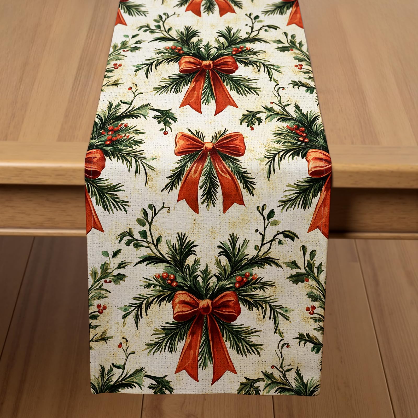 Photo 1 of ?VIV CHERBL Christmas Table Runner with Pine Branches, Red Bows & Holly Berries, Table Decoration for Dining Party and Home Decor,72x13 inches