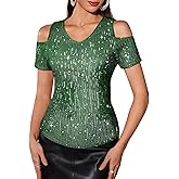 DRESSTELLS Women's Sequin Sparkly Tops, Holiday Party Glitter Easter V-Neck Short Sleeve Shirts for Concert Club