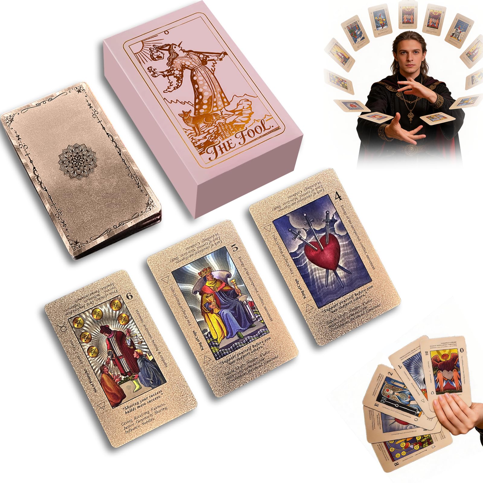 78PCS Rose Gold Tarot Cards, Pink Tarot Cards for Beginners with Guidebook, Tarots Card Deck with Meanings on Them, PVC Waterproof Deck of Card, Fortune Telling Game Card for Gift