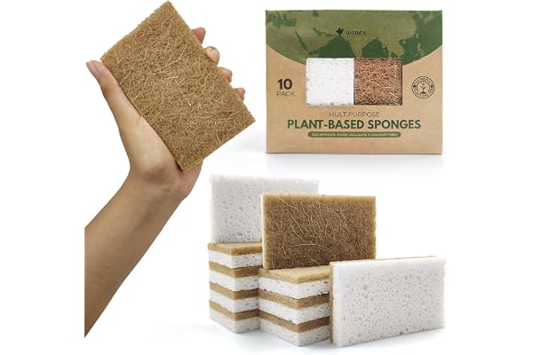 AIRNEX 6 Pack Natural Sponges for Dishes - Biodegradable Sponges for Kitchen - Plant Based Cellulose & Coconut Natural Dish S