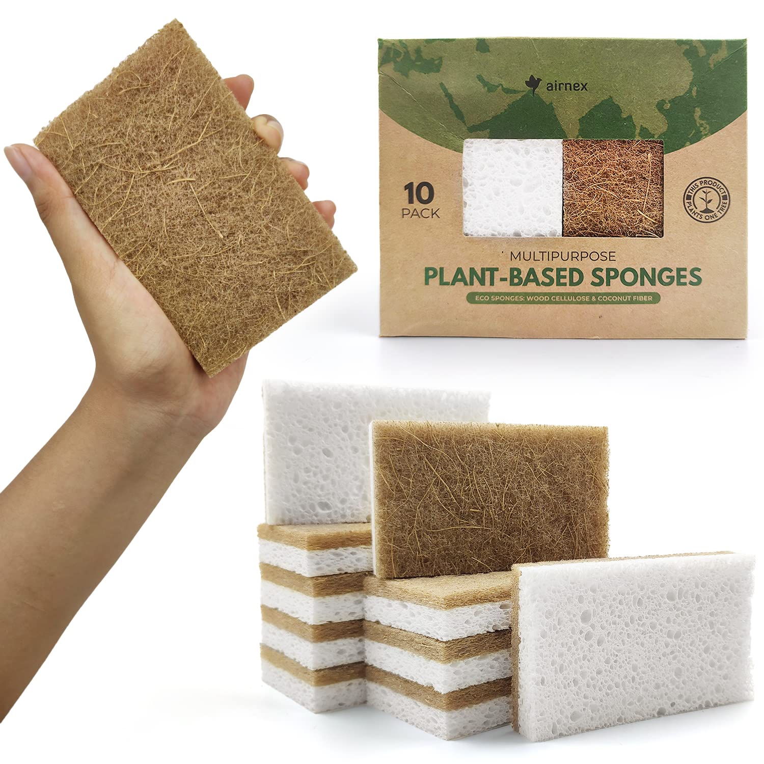 Pack of 6 Natural Sponges for Washing Up - Made from Cellulose, Coconut & Recycled Fibres - Eco Friendly, Odour Free, Non Scratch Scrubbers for Kitchen & Bathroom - Green America & PETA Certified