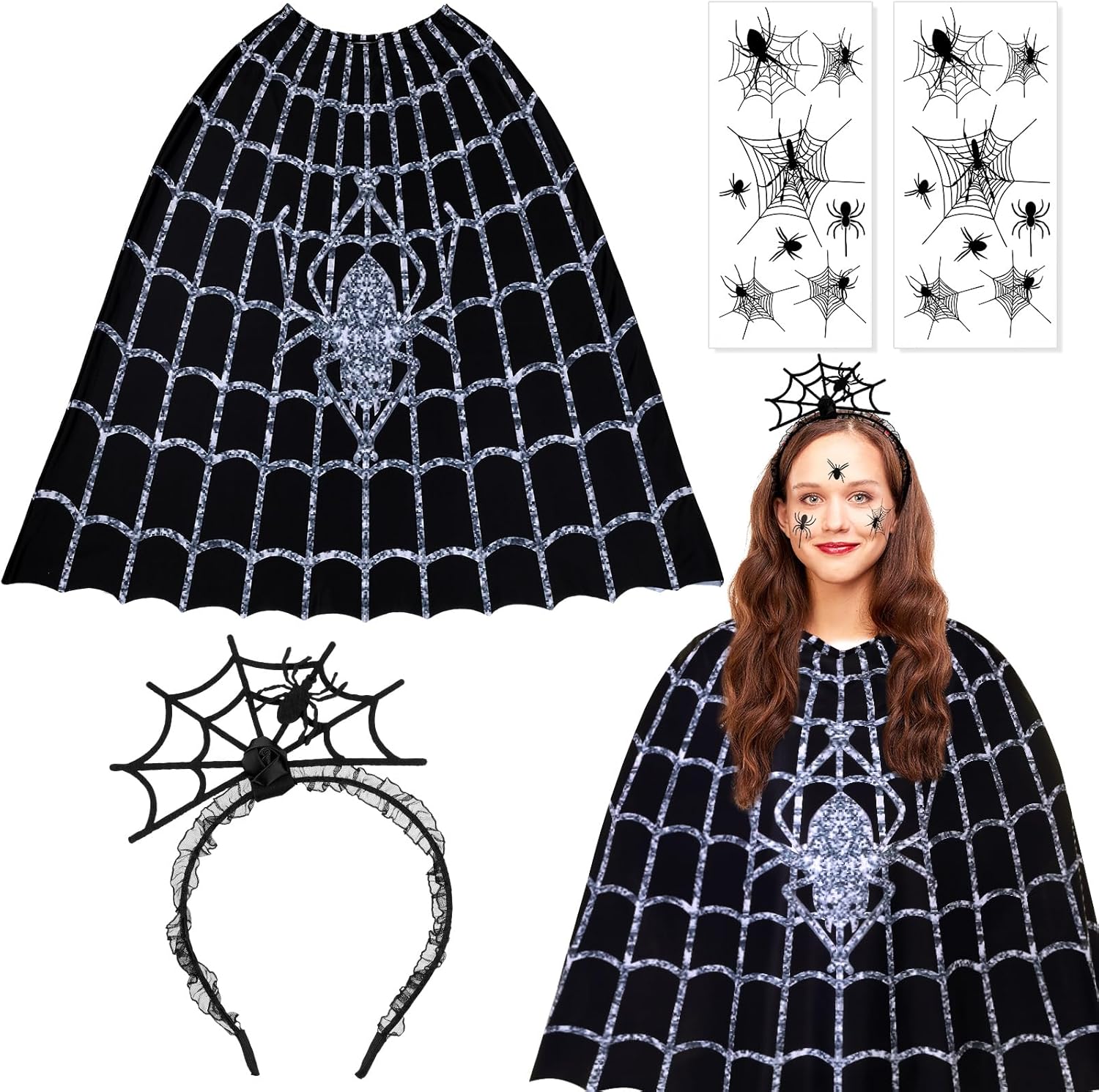 Paintings - Hicarer 4 Pcs Halloween Spider Costume Accessory for Women Including Women's Web Poncho Halloween Spider Headband Temporary Tattoos for Adult