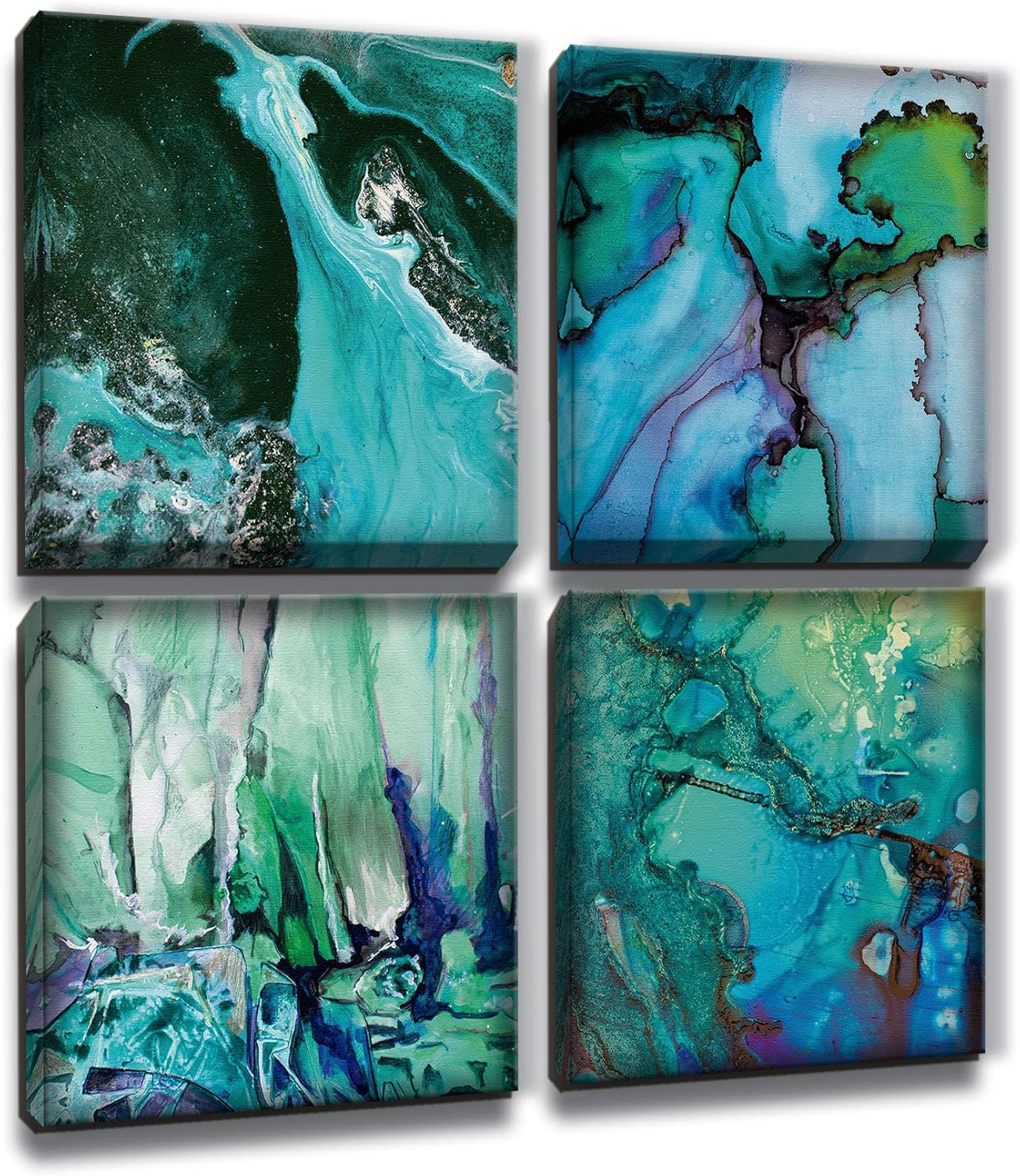 MARG Wall Decorations for Living Room, Abstract Blue and Green Canvas Wall Art, 4 Panels 12x12 inch/Piece, Home Decor