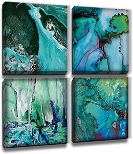 MARG Wall Decorations for Living Room, Abstract Blue and Green Canvas Wall Art, 4 Panels 12x12 inch/Piece, Home Decor