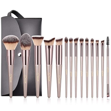 BESTOPE Make Up Pinsel Set mit Leder Tasche Pinselset Kosmetik 14 Stück Professionelles Kosmetikpinsel Schminkpinsel Kabuki F