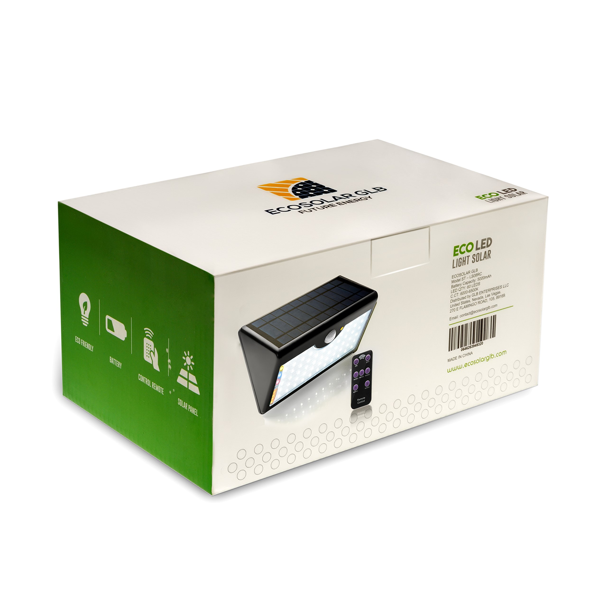 EcoSolarGLB Luz Solar LED Lampara Foco - Luces Solares 60 LEDS Iluminación 1300 lúmenes con sensor de movimiento 5 MODOS distintos control remoto y autonomía de energía hasta 12h - Uso en áreas de casa exterior jardín patio entrada escalera