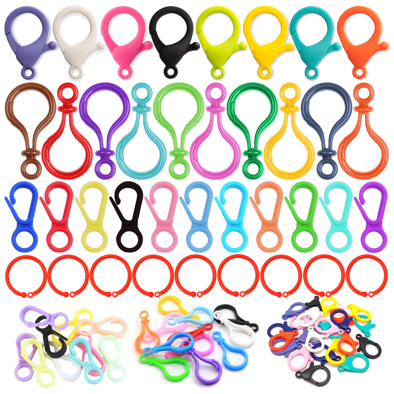 170PCS Multicolor Hard Plastic Lobster Claw Clasps, ECANGO 3 Pattern Lanyard Snap Hooks Backpack Clips Clasps with Plastic Loose Leaf Rings DIY Accessories for Crafts Toys Keychain Jewelry Making