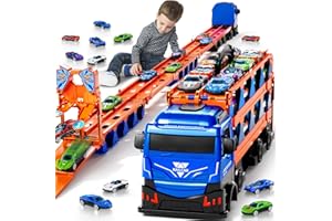 MSKOLER 78.7-Inch Racing Car Railway Truck Toy for Boys 2 3 4 5 6 7 Years Old - Transport Carrier Trucks, Foldable Tracks Storage, die-cast Car, for Toddlers and Kids Aged 3-5