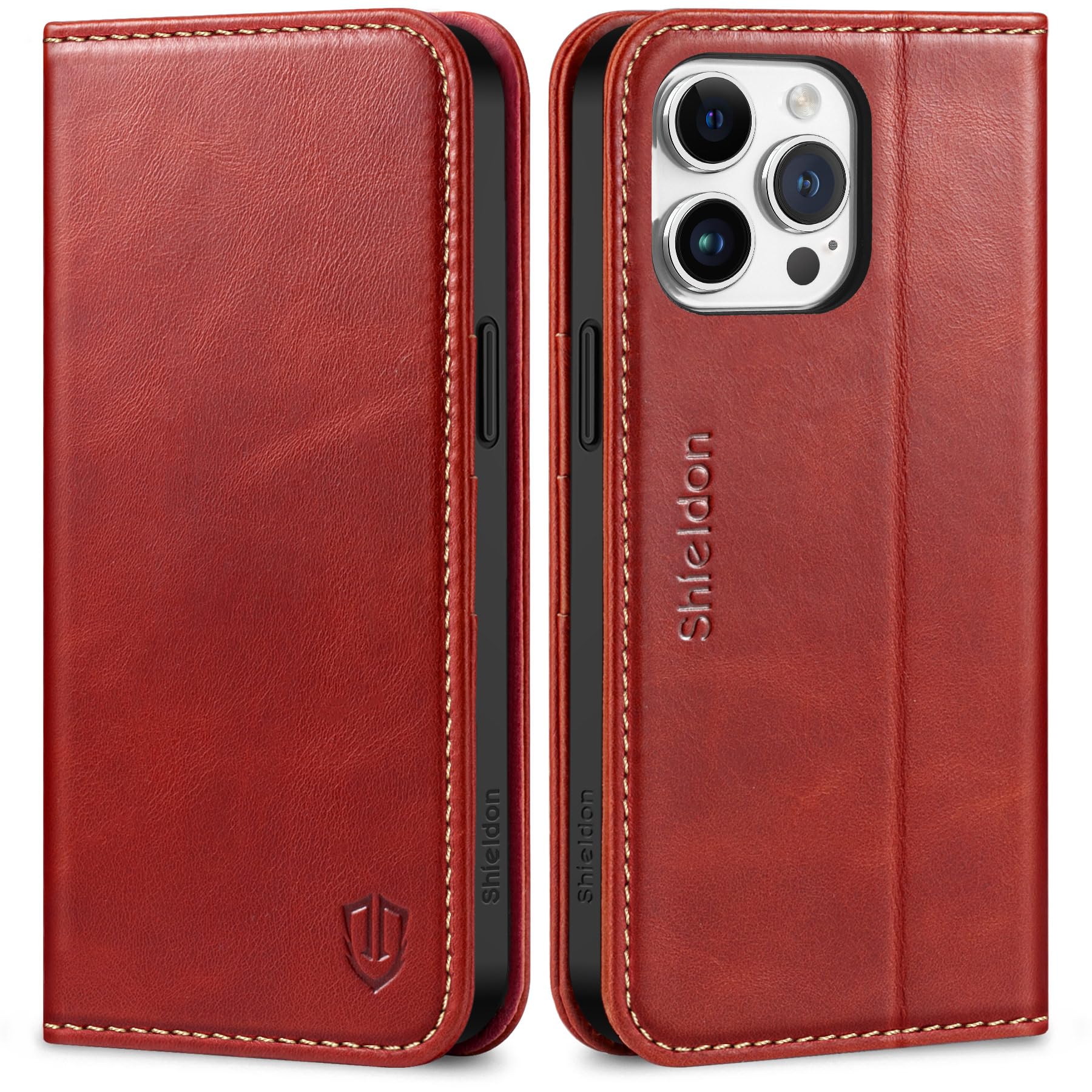 Photo 1 of SHIELDON Case for iPhone 15 Pro Max 5G, Genuine Leather Wallet Flip Magnetic Cover RFID Blocking Card Slots Carry-All with Kickstand Shockproof Case Compatible with iPhone 15 Pro Max 2023 - Retro Red