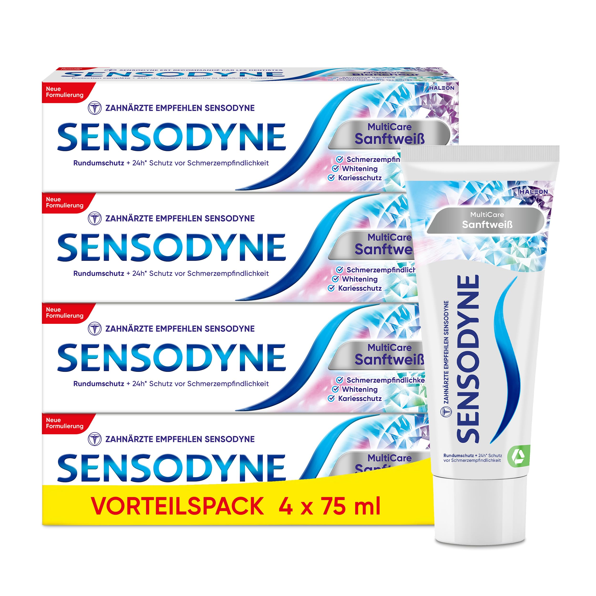 Zahnpasta - Sensodyne MultiCare Sanftweiß, tägliche Zahncreme mit Fluorid, für schmerzempfindliche Zähne, 4x75ml