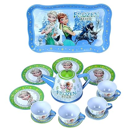 HALO NATION Frozen Tin Pretend Luxurious Kitchen Tea Play Set with Teapot, Cups -15 Piece