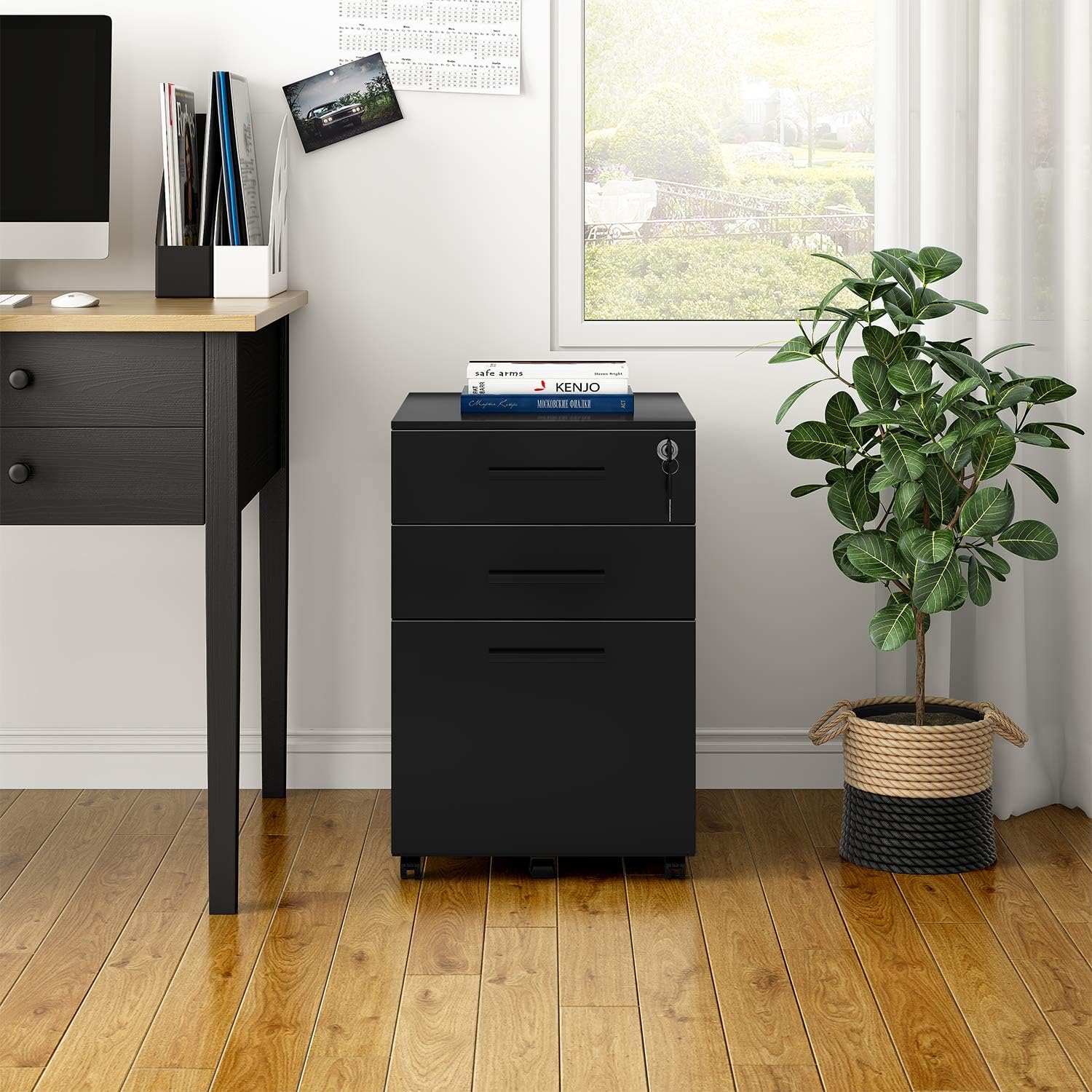 REYADE 3 Drawer Mobile File Cabinet, Metal Office Storage Cabinet with Lock and Handle, Under Desk Office Pedestal File Cabinet, Fully Assembled Except Wheels, Suitable for Legal/Letter/A4 File, Black: Kitchen & Dining