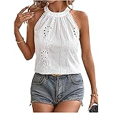 MakeMeChic Women's Eyelet Embroidery Lace Trim Sleeveless Halter Blouse Summer Shirt Tops