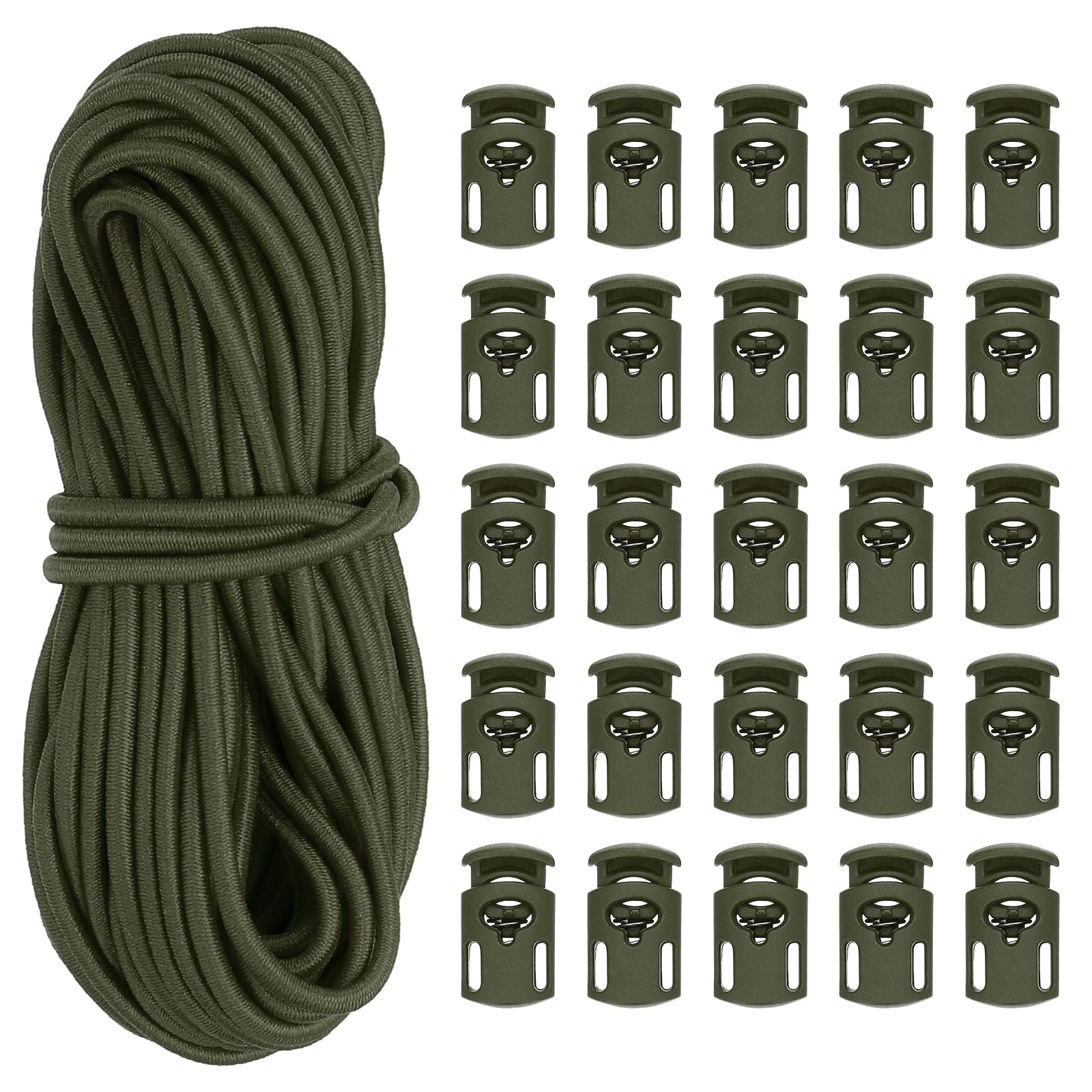 PATIKIL 10 Yard Elastic Bungee Cord & Single Hole Cord Lock, 25 Pack Plastic Oval Spring Toggle Stopper for Paracord Drawstring Shoelace Clothing Backpack Bags, Army Green