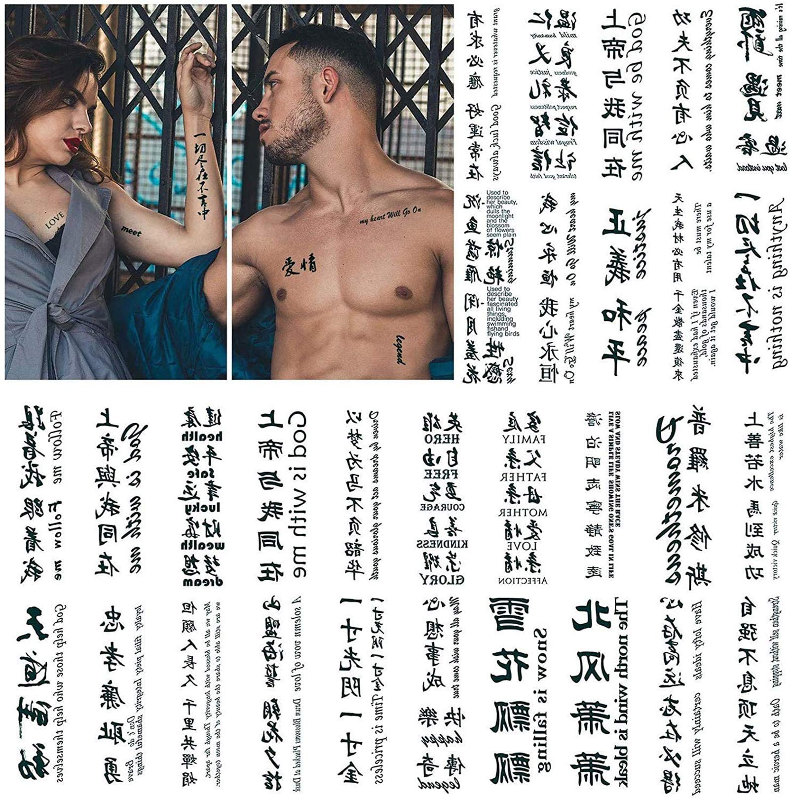 Temporary Tattoo Stickers 100+ Chinese Words Letters Fake Tattoos Body Black Character Tattoo Transfer Sticker Waterproof Long-lasting CustomTemporaryTattoos Kit for Women Men