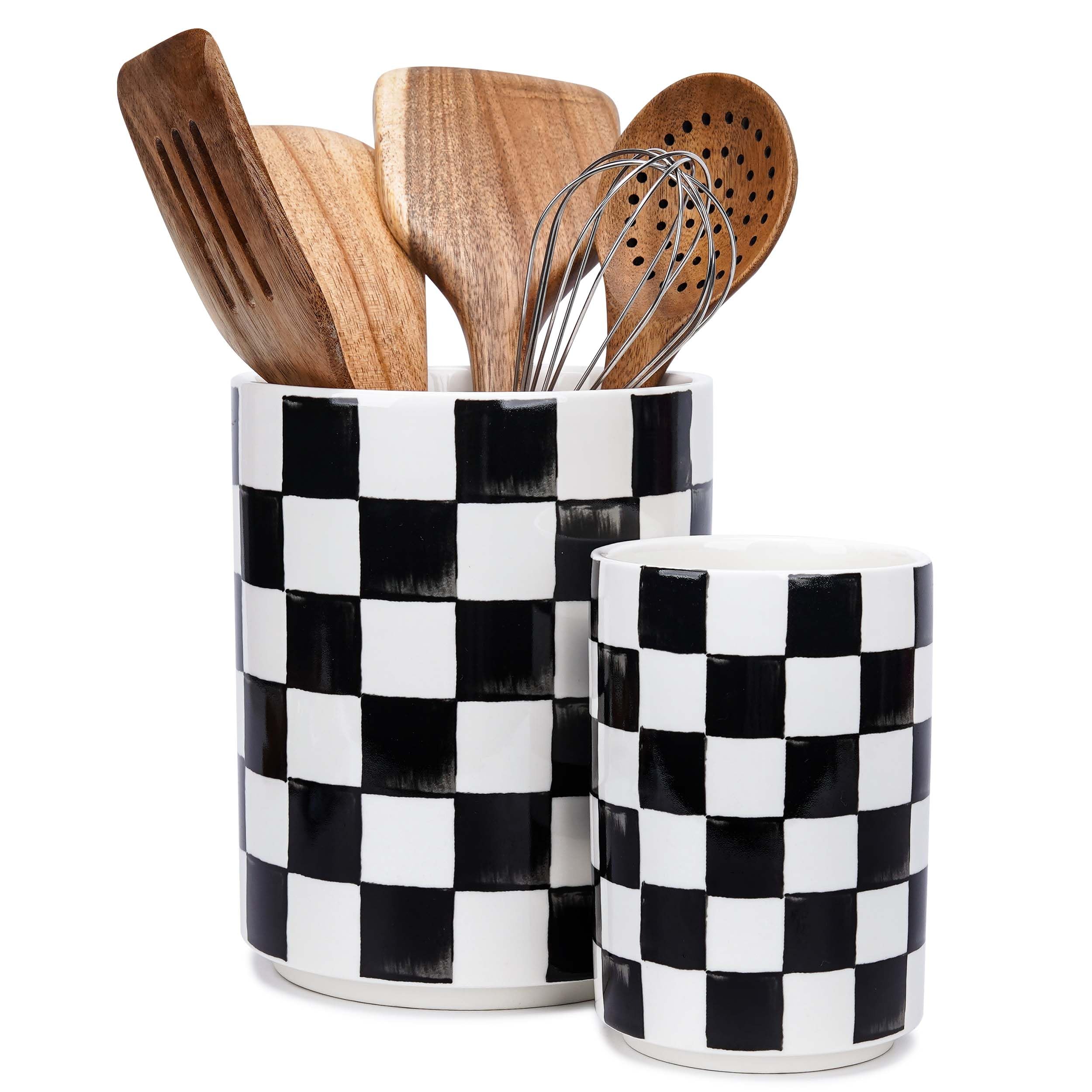 Photo 1 of Quuavio Utensil Holder, 7.2"+5.4" Checkered Ceramic Utensils Holder, Large and Small Utensil Crocks for Kitchen Counter, Spatula Holder, Farmhouse Kitchen Decor