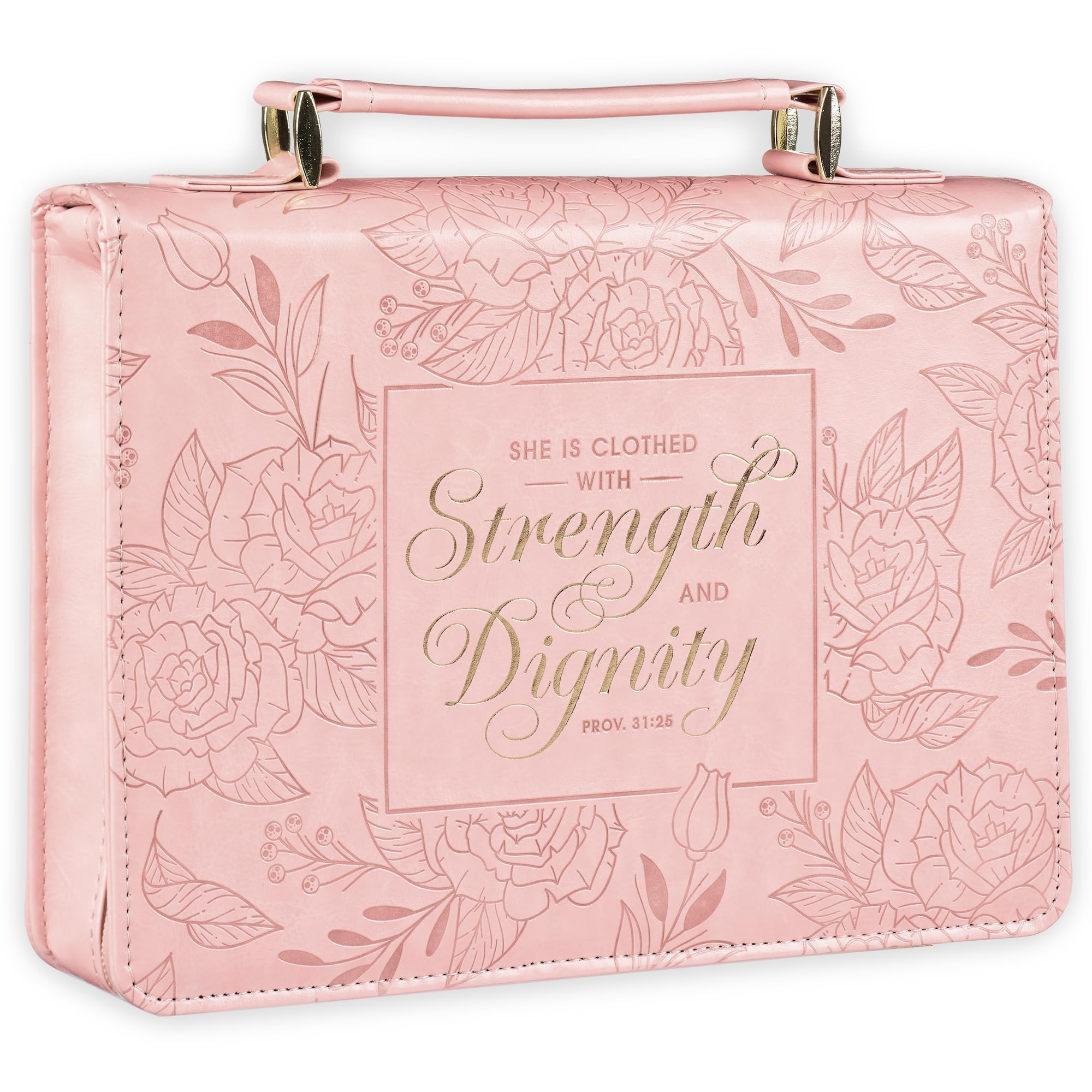 Photo 1 of Christian Art Gifts Premium Vegan Leather Fashion Floral Bible Cover for Women: Strength & Dignity - Prov. 31:25 Inspirational Scripture Verse Carry Case w/Pockets & Pen Storage, Pink & Gold, Large