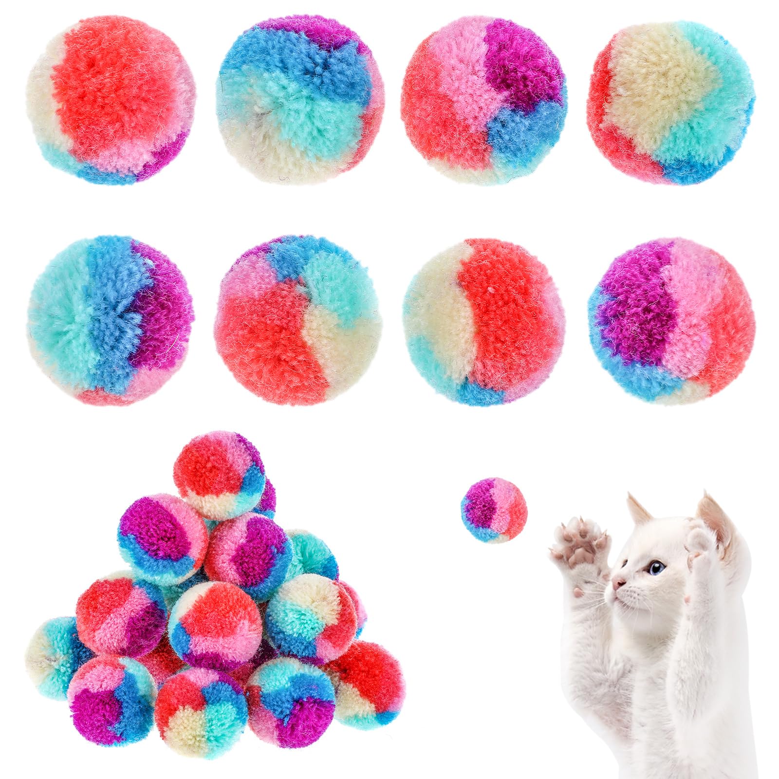 Teaaha 30PCS Cat Ball Toy 3cm Pom Pom Balls, Interactive Christmas Yarn Puff Cat Ball Toys, Rainbow Small Plush Kitty Soft Balls, Training Fuzzy Cat Balls for Exercise and Entertainment, Multicolor