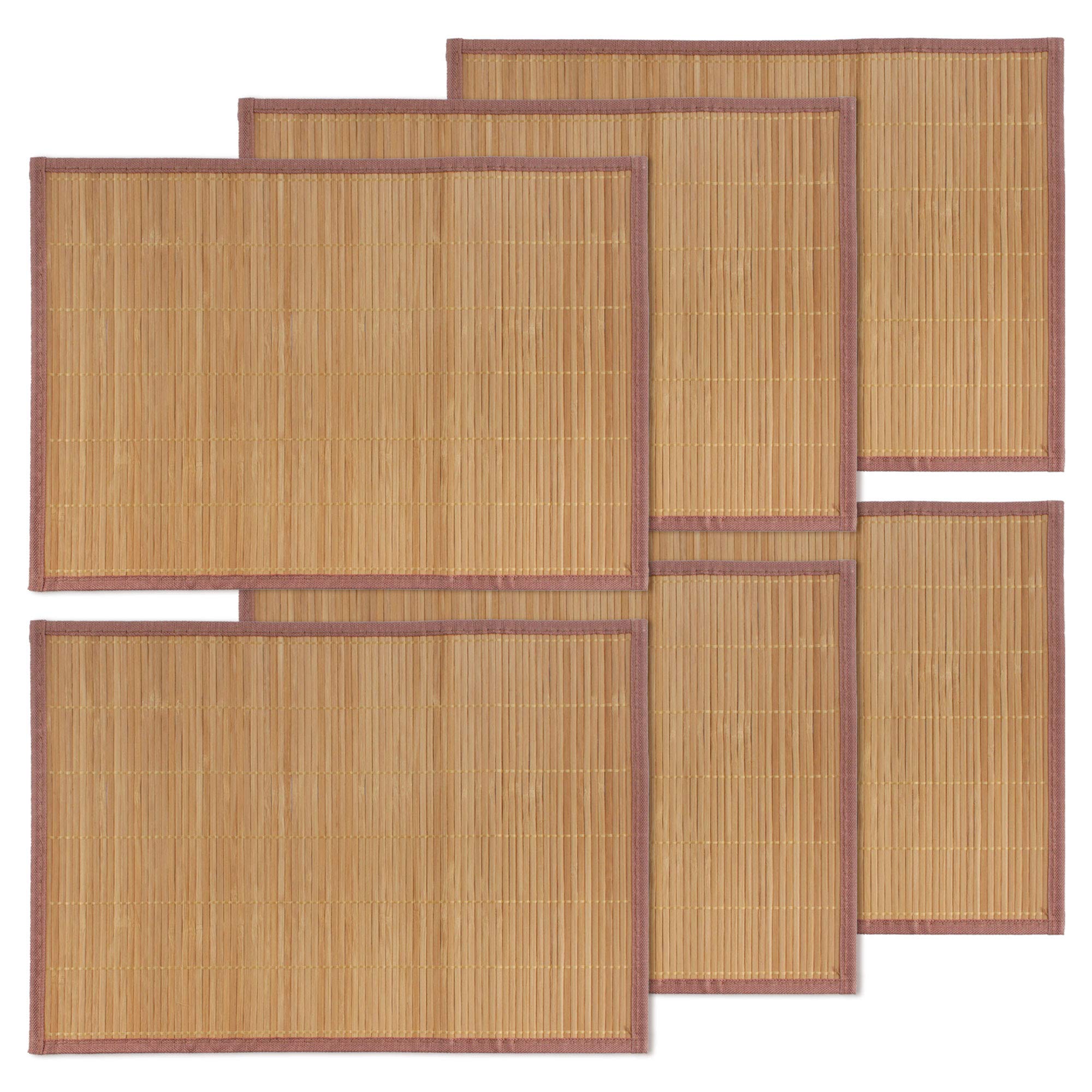 BambooMN Bamboo Slats Placemat with Fabric Border - Solid Colour Print - 18" x 13" - Brown, 6 pcs