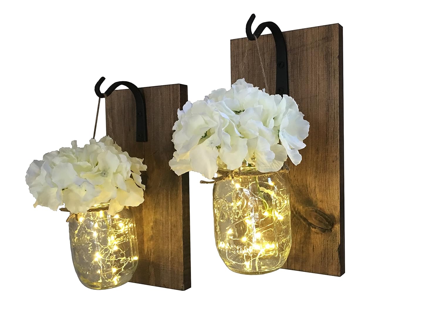 Rustic Hanging Mason Jar Sconces with LED Fairy Lights, Mason Jar Lights, Wrought Iron Hooks, Silk Hydrangea Flower, LED Strip Lights with Batteries Included, Rustic Home Decor (Set of 2)
