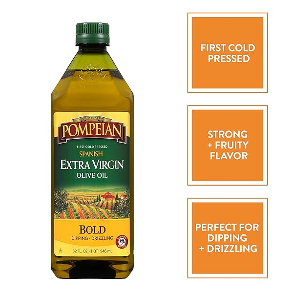 POMPEIAN SPANISH BOLD EXTRA VIRGIN OLIVE OIL, FIRST COLD PRESSED, STRONG AND FRUITY FLAVOR, PERFECT FOR DIPPING AND DRIZZLING, NATURALLY GLUTEN FREE, NON-ALLERGENIC, NON-GMO, 32 FL. OZ., SINGLE BOTTLE