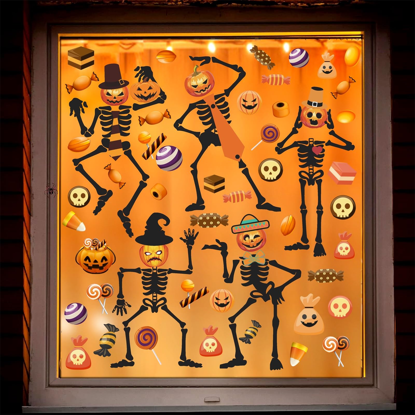 Halloween Skeleton Wall Decal Skull Ghosts Pumpkin Candy Wall Stickers Gothic Funny Halloween Window Clings Peel and Stick for Kids Bedroom Living Room Halloween Party Decor