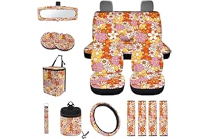 Wanyint Hippie Flower Daisy Car Seat Covers Front Back Seats Set of 15, Steering Wheel Cover Seatbelt Cushion Pad Trash Bin Air Vent Pocket Rearview Mirror Cover Cup Holder Key Chain Car Accessories