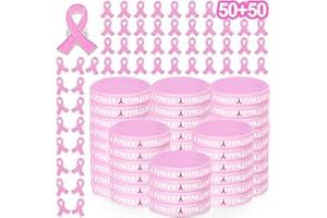 JMUQ 60/100/200 Pcs Breast Cancer Awareness Bulk Items Accessories Breast Cancer Awareness Bracelets Pink Ribbon Pins for Charity Party Favor Public Social Even
