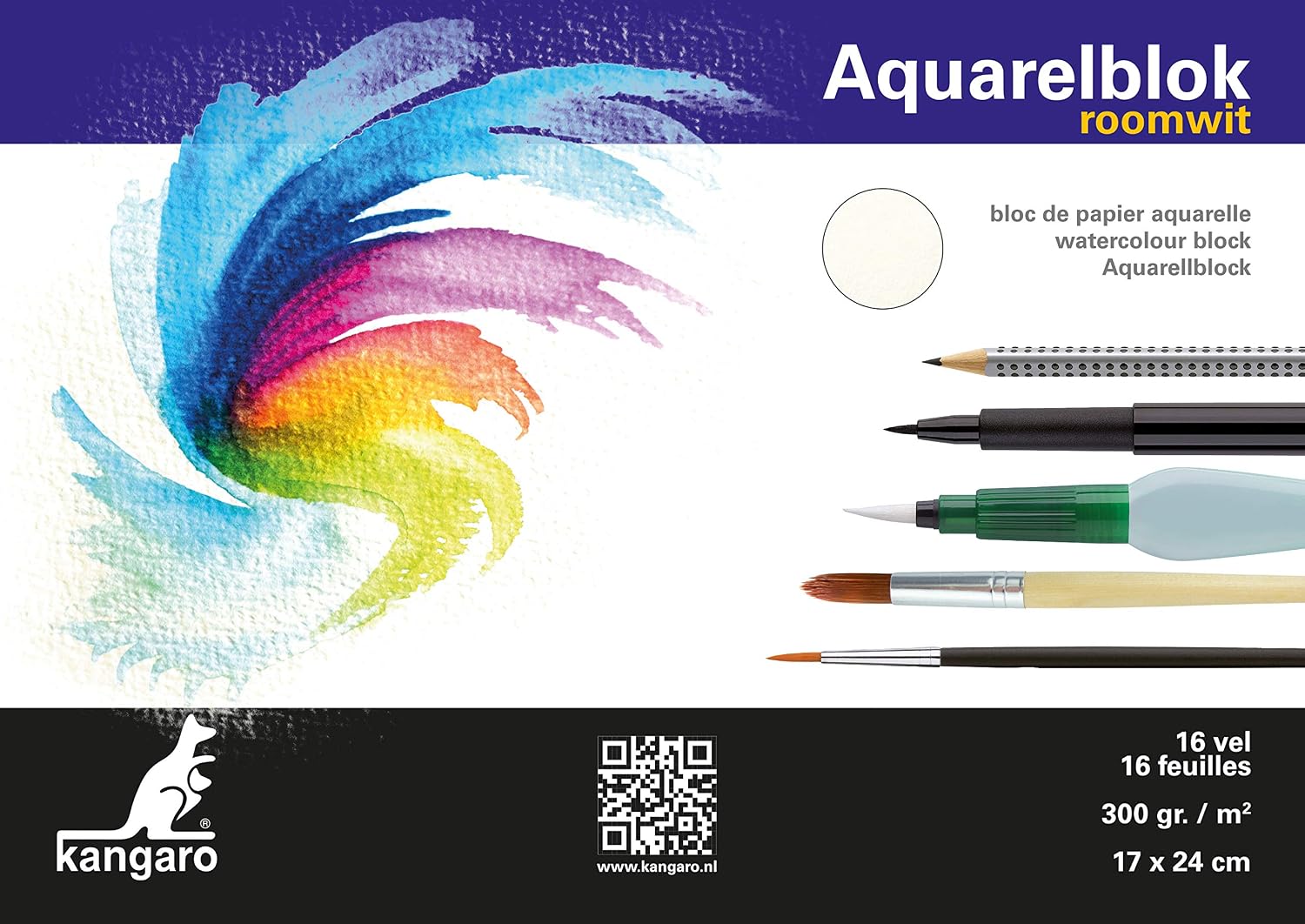 Watercolour Paper 24 x 17 cm 300 g 16 Sheets Cream White Kangaro, crème-white, 17x24cm