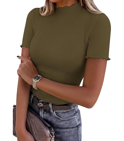 SweatyRocks Women's Mock Neck Ribbed Knit Scallop Short Sleeve T