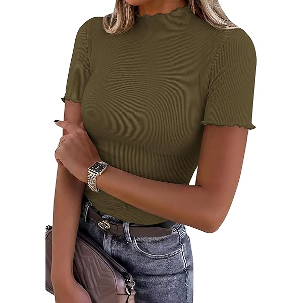 SweatyRocks Women's Mock Neck Ribbed Knit Scallop Short Sleeve T