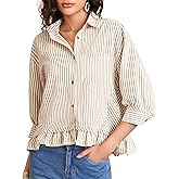 COZYPOIN Womens Striped Button Down Cotton Shirts Cropped Ruffle Hem 3/4 Sleeve Casual Collared Blouses Office Work Tops