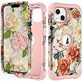 PIXIU Unique Flower Pattern Compatible with iPhone 13/14 6.1 inch case, Heavy Duty Dual Layer Shockproof Full-Body Protective Sturdy Hybrid Cute Rugged Case for Women,Girls,Kids-White/Orange