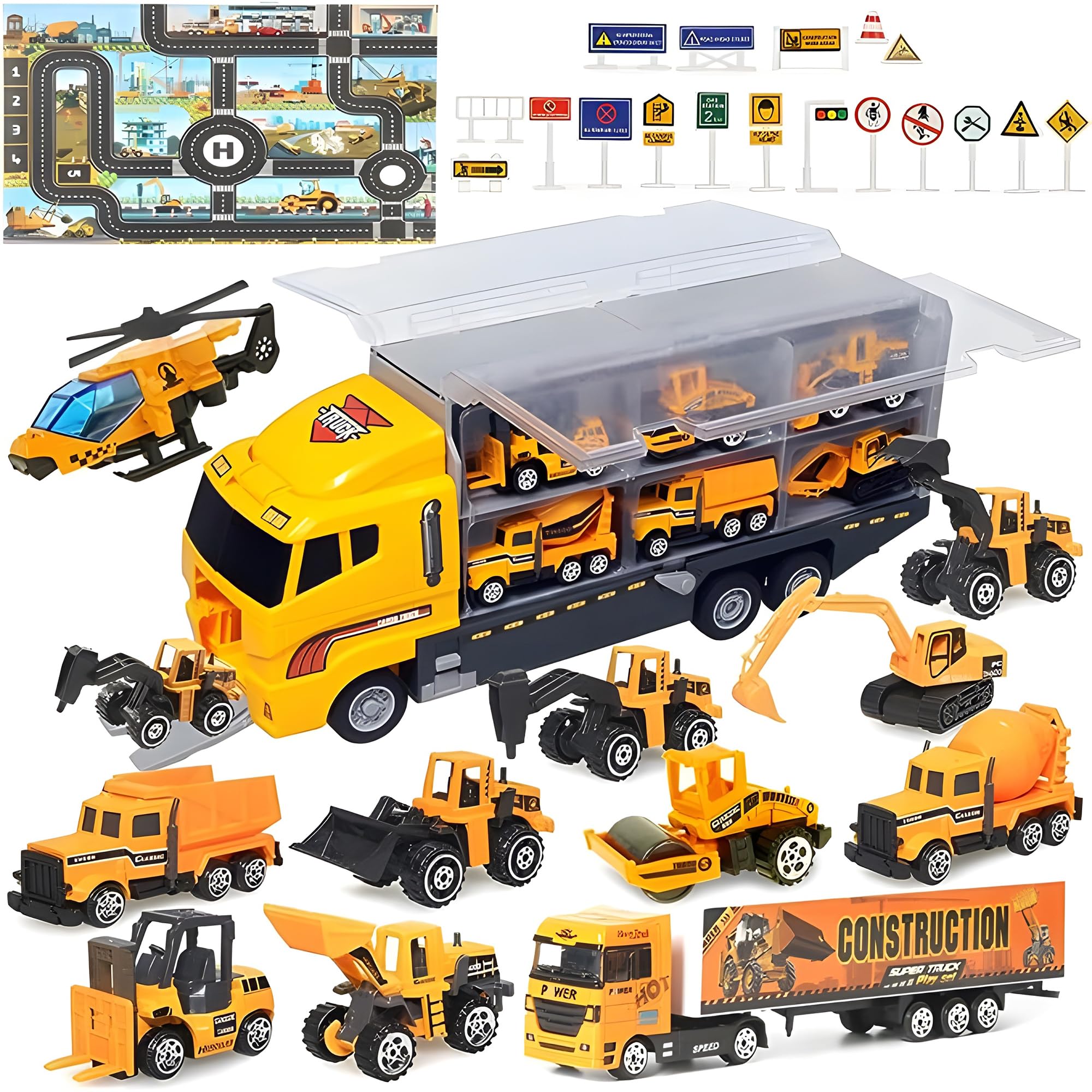 ZCOINS Construction Toys Truck Set, Kids' Play Vehicles with Car Play Mat and Road Sign Stickers, Transporter Truck Toy with Cars Digger Toys Excavator Toy for 3 4 5 6 Year Old Boys Girls Gift