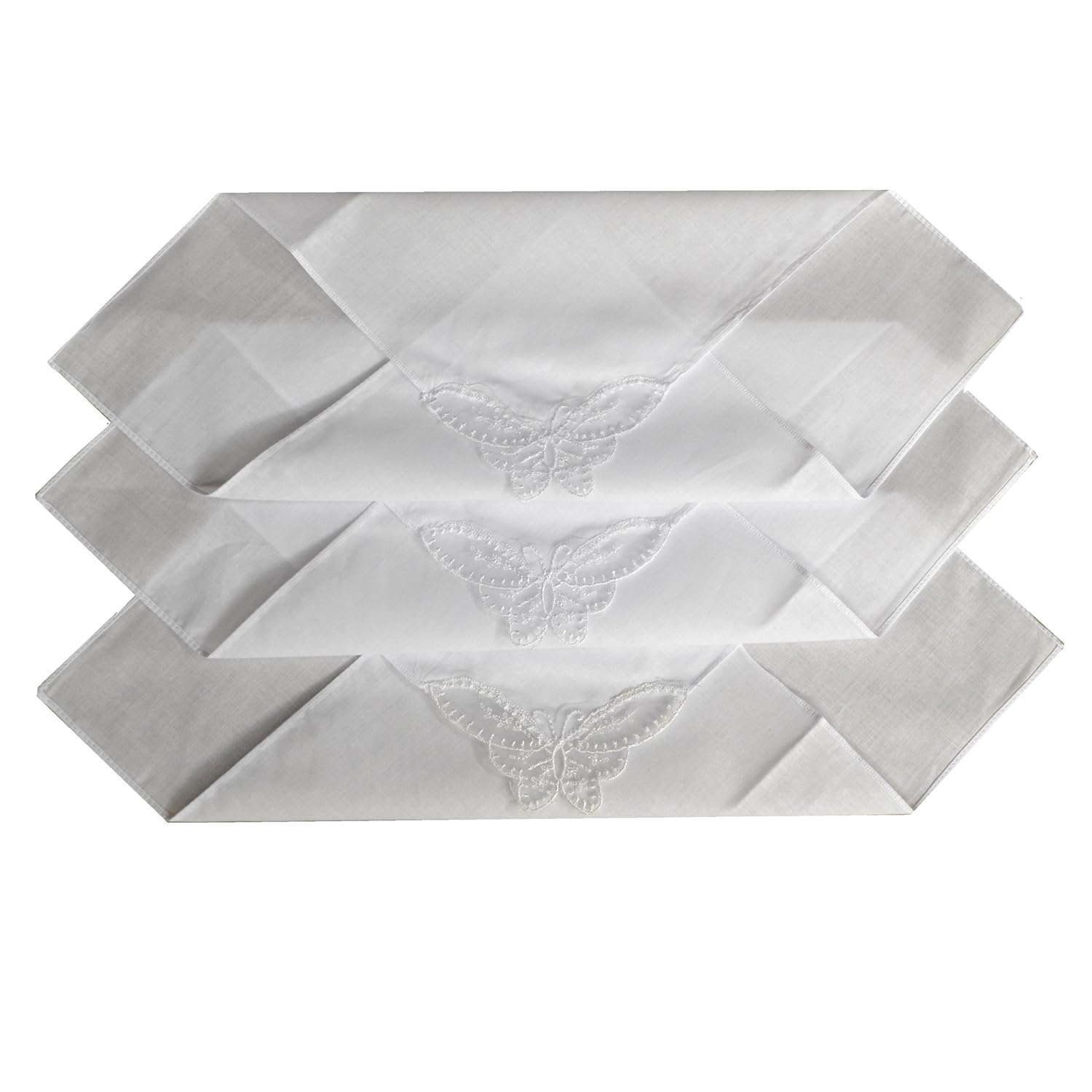 12 Ladies Plain White Handkerchief With A Butterfly Lace Corner, 11.5 inches Square, White