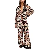 Womens Y2k Silk Pajama Sets Floral Print Long Sleeve Button Down Shirts Wide Leg Pants 2 Piece Lounge Sets