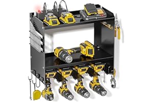 Spampur Power Tool Organizer Wall Mount with Charging Station, Tool Battery Holder with 4 Outlet Power Strip, 15 Min Assembly & Maximum 100lb Load, 4 Slots for Cordless Drill, Men's Gifts