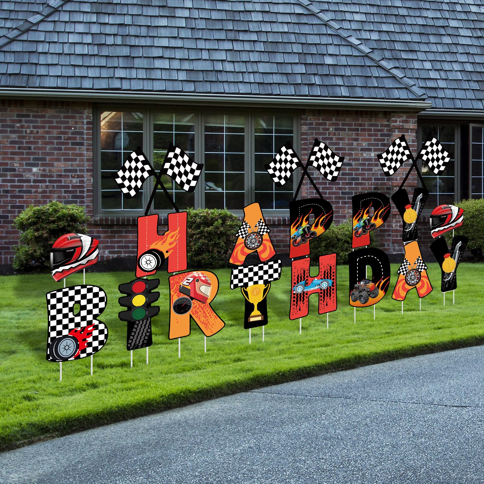 Photo 1 of Memorywuu 18 Pcs Happy Birthday Yard Signs with Stakes, 16 Inches Birthday Party Decorations for Boys Girls, Colorful Outdoor Lawn Patio Garden Signs Decorations for Birthday Party(Race Car)
