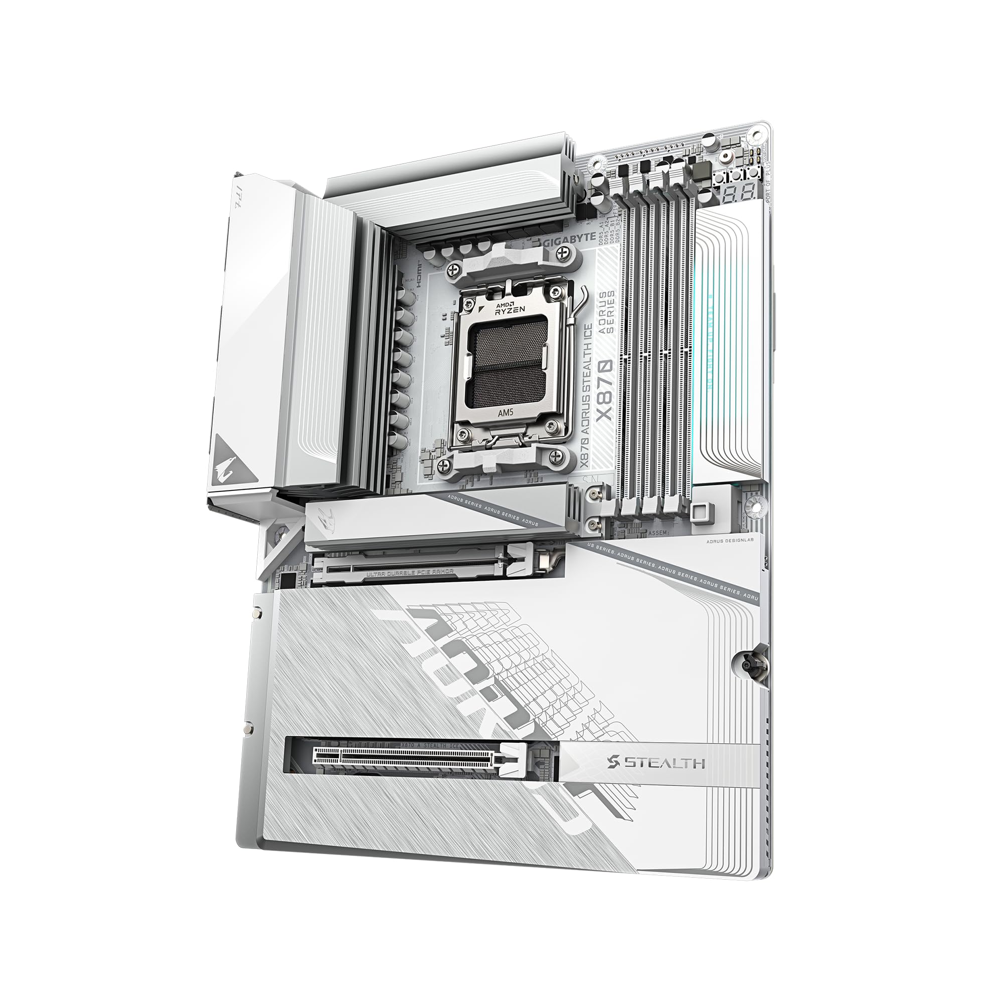GIGABYTE X870 AORUS Stealth ICE AMD AM5 Motherboard, ATX, DDR5, 4X M.2, PCIe 5.0, 2xUSB-4,USB-C, WIFI7, 5GbE LAN, EZ-Latch