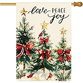 Tikeciti Christmas Tree Bow Welcome House Flag 28x40 Inch Double Sided, Xmas Berry Cardinal Burlap Large Yard Flag Winter Snow Holiday Farmhouse Flags Seasonal Patio Outdoor Outside Decoration